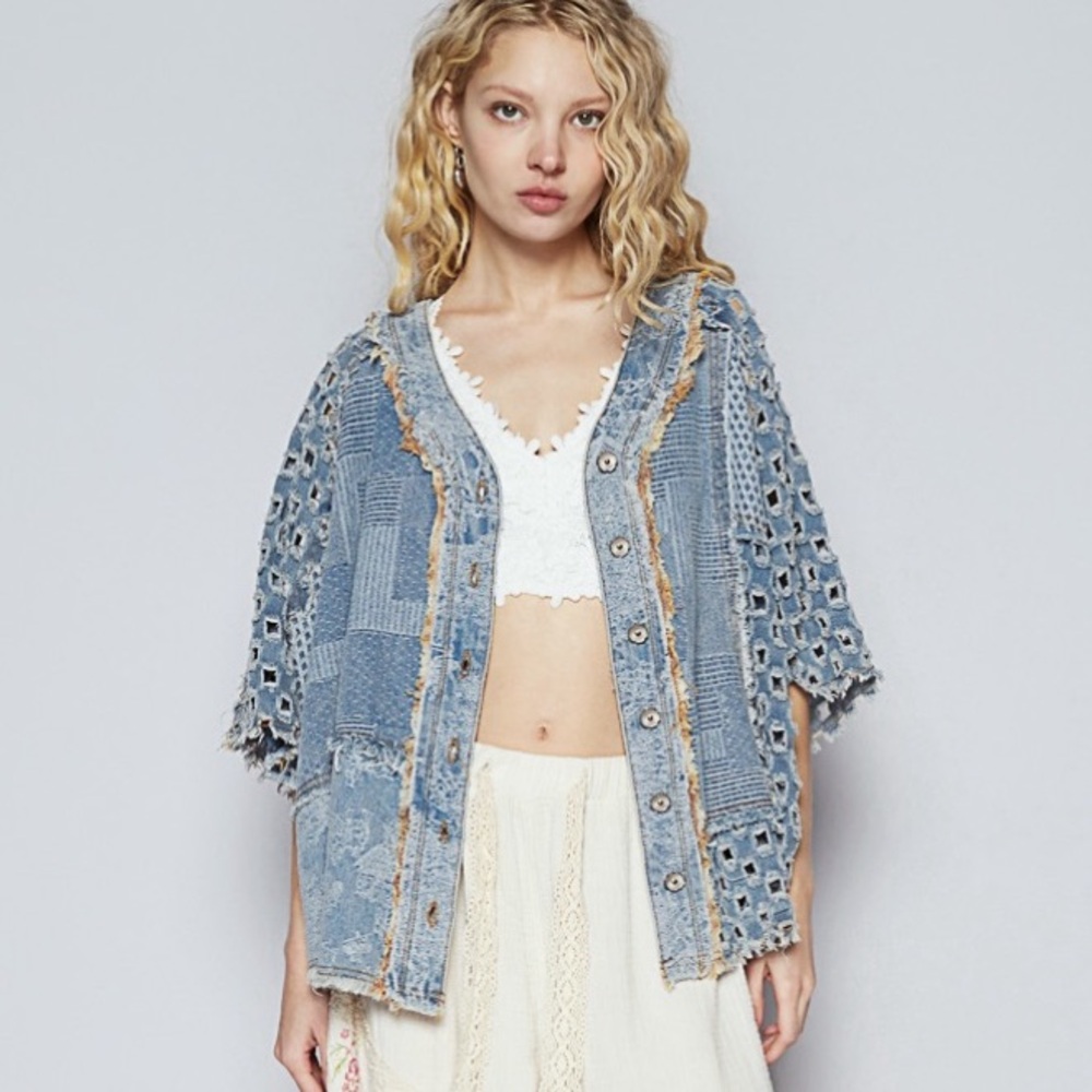 Patchwork Denim Button-Up Top - image 4
